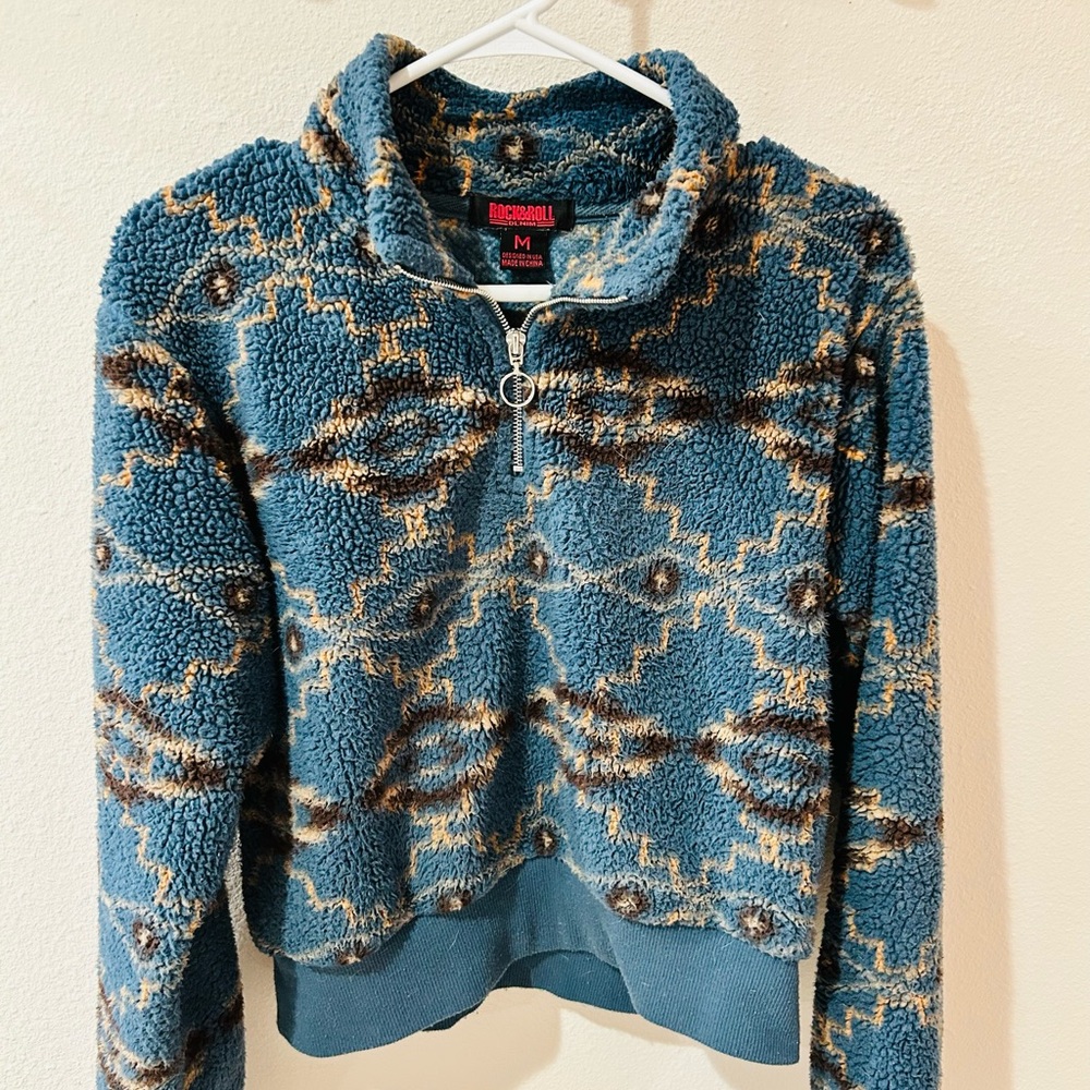 Rock & Roll Cowgirl Blue and Brown Cowl Neck Sweater